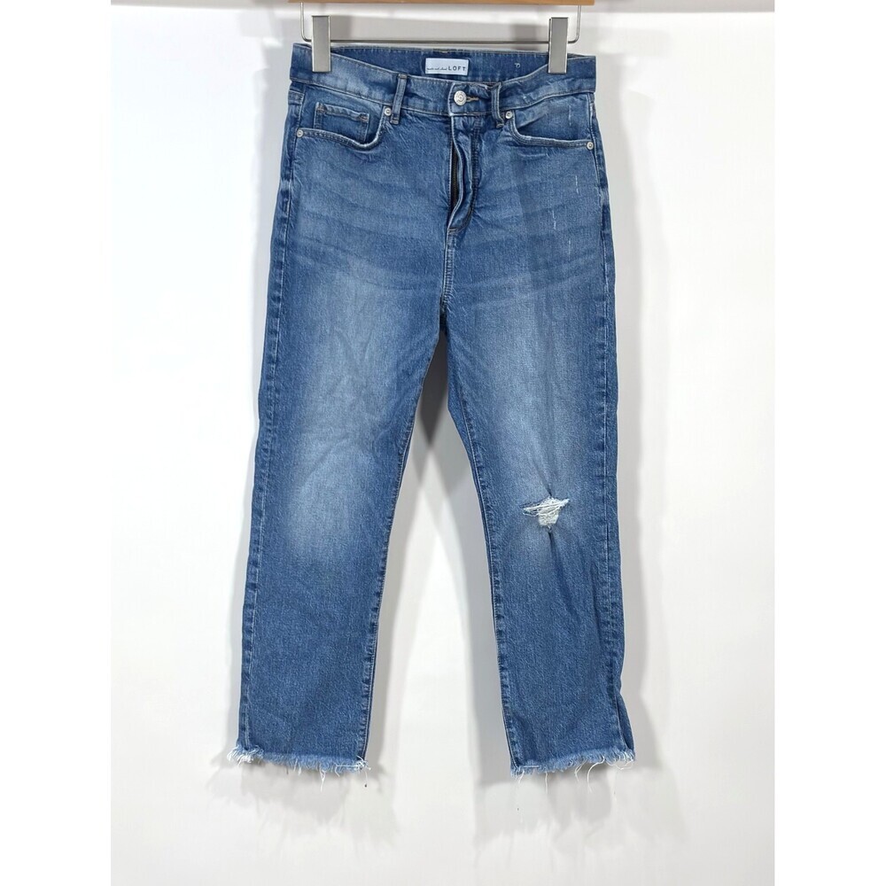 Loft The Straight Crop Jeans Medium Wash Raw Hem Distressed - Size 2/26